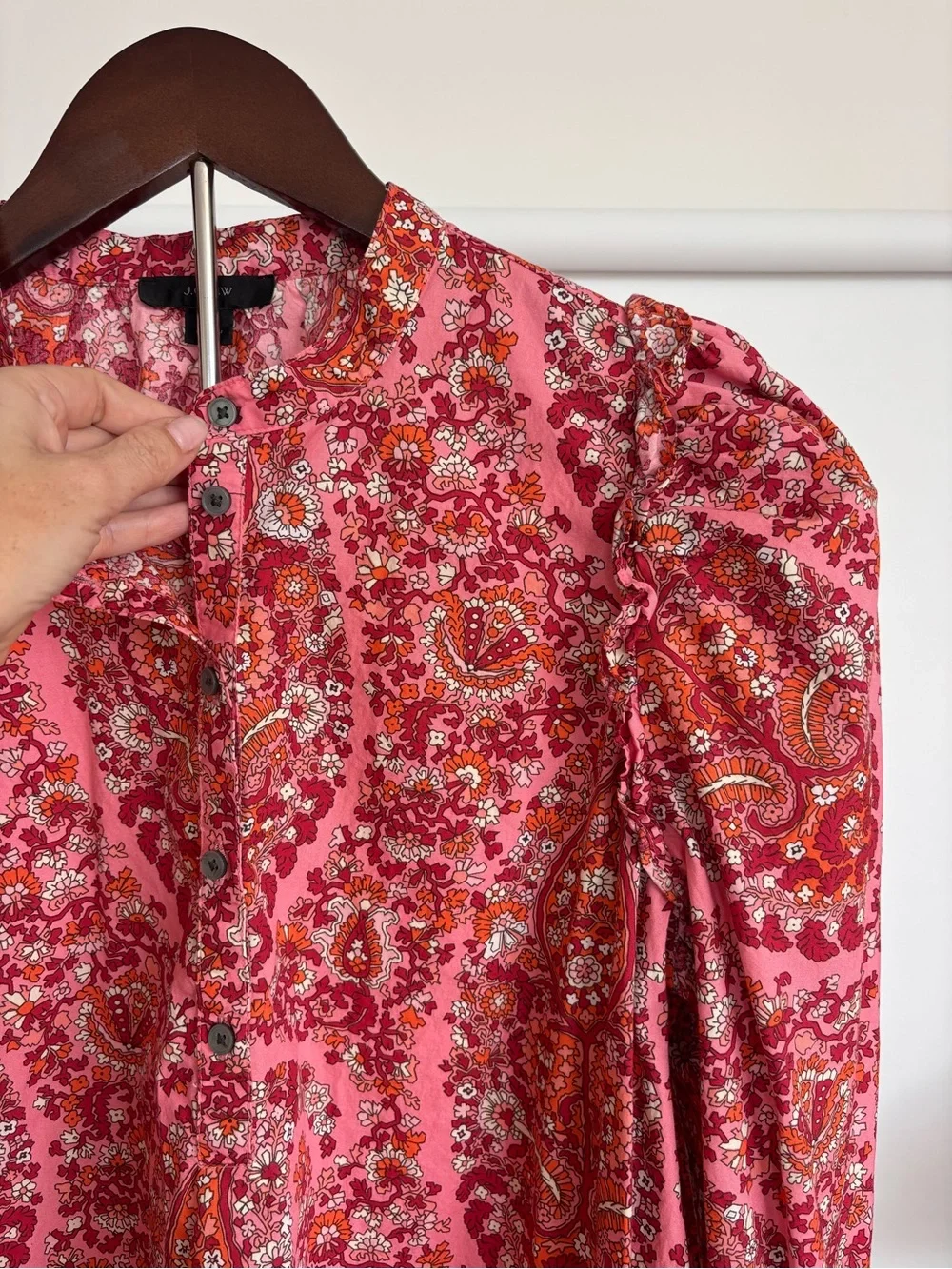 J.Crew Pink Paisley Floral Shirt Cotton Puff Sleeve Blouse Size M Boho Top Fall